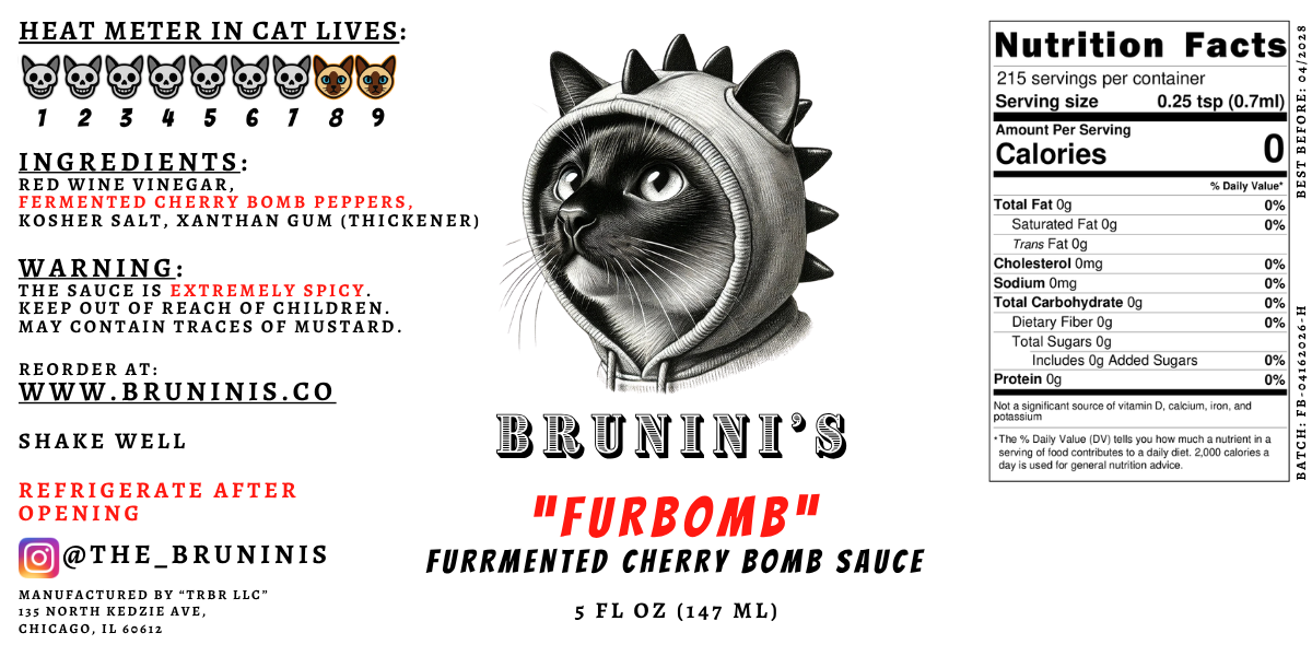 Brunini's "FurBomb" - Cherry Bomb Pepper Sauce with Red Wine Vinegar