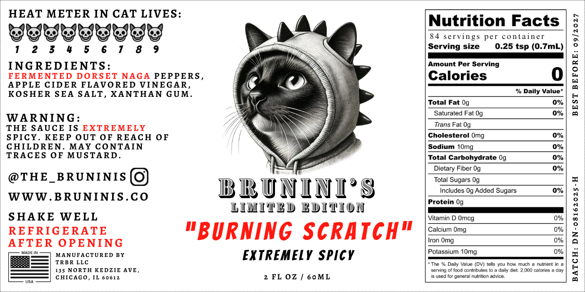 Brunini's "Burning Scratch" - Limited Edition Signature Dorset Naga Pepper Extremely Spicy Hot Sauce