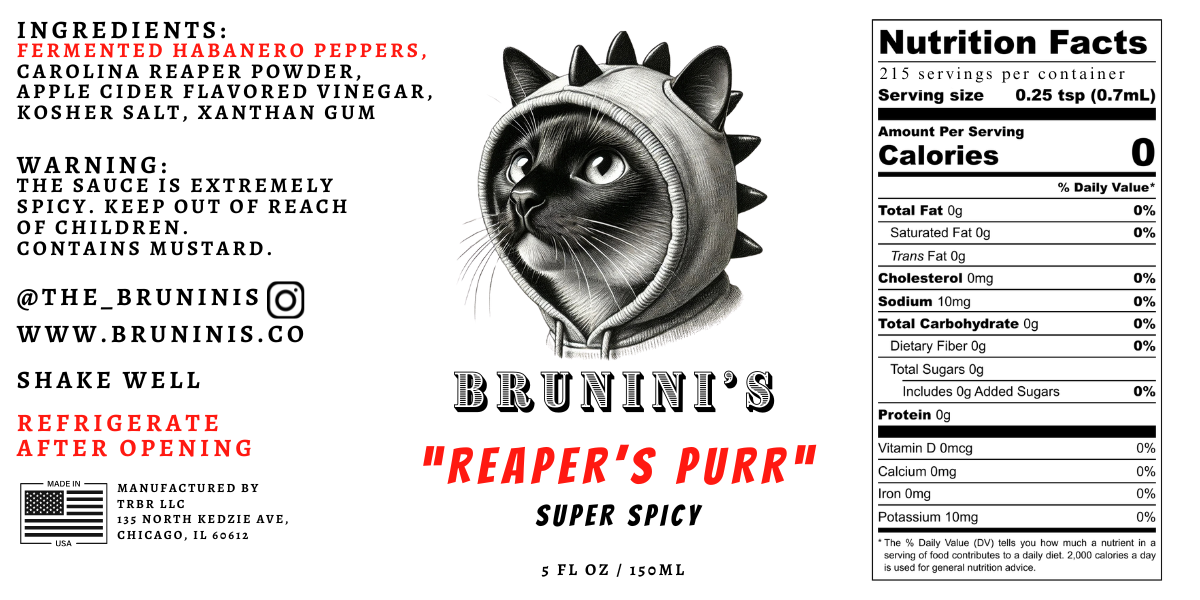 Brunini's "Reaper's Purr" - Habanero Hot Sauce with Carolina Reaper Powder