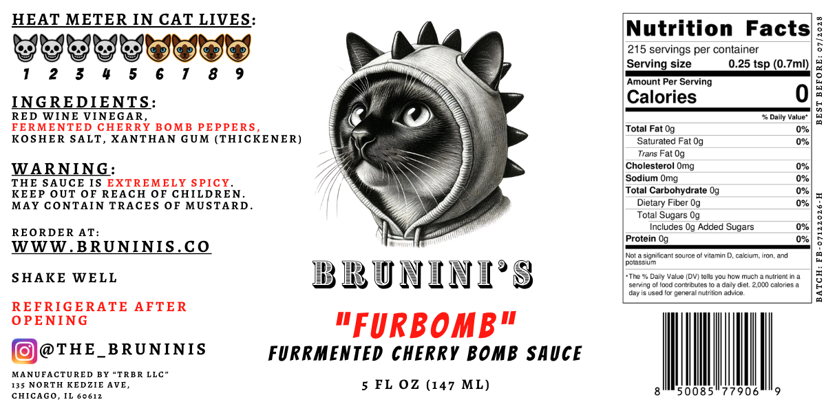 Brunini's "FurBomb" - Cherry Bomb Pepper Sauce with Red Wine Vinegar