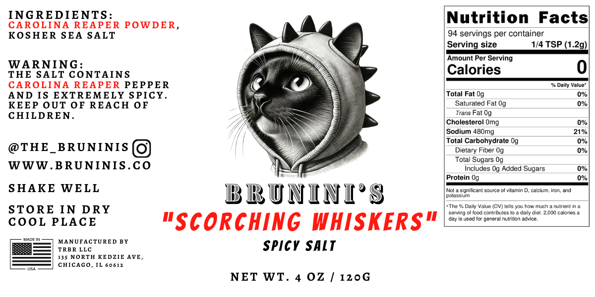 Brunini's "Scorching Whiskers" - Kosher Sea Salt with Carolina Reaper Powder