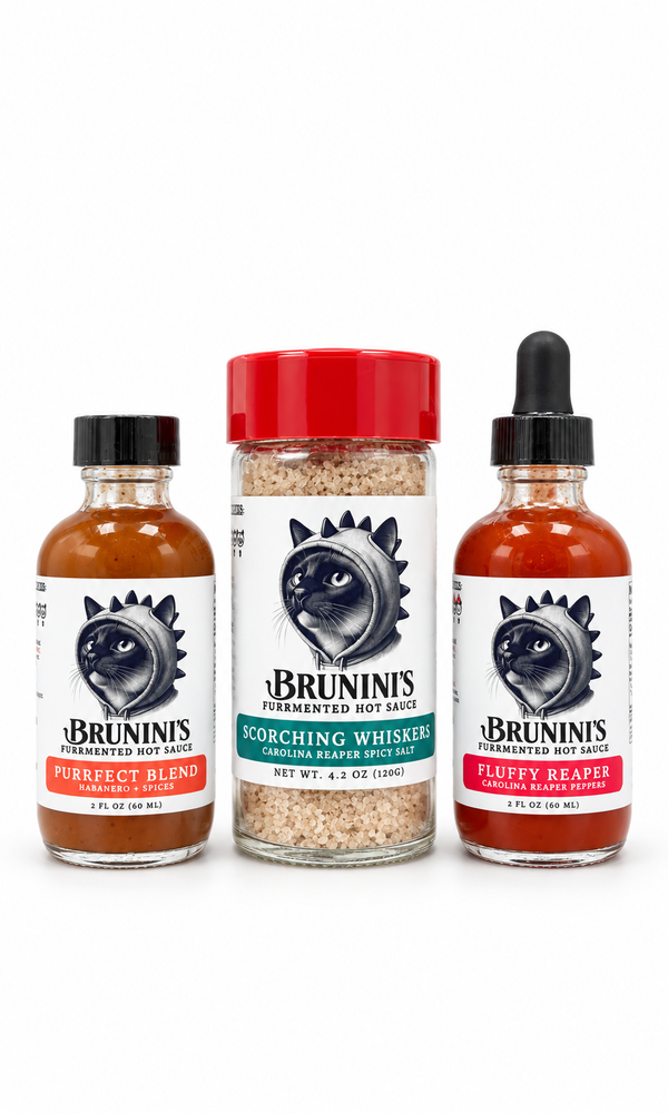 “Triple Hiss” – Purrfect Blend & Fluffy Reaper Minis + Scorching Whiskers Salt Sauces